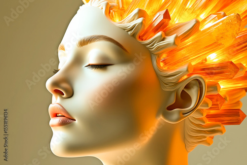 Serene Profile of a Woman Adorned with Crystalline Structures A Mesmerizing Blend of Organic Beauty and Geometric Brilliance in a Dreamlike Artistic Composition