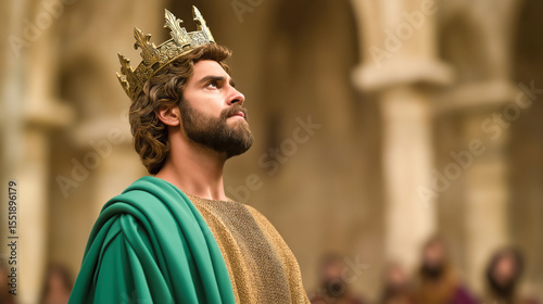 Biblical king wearing a golden crown stands in profile inside an ancient stone castle, gazing at the horizon—spiritual and majestic Old Testament scene.