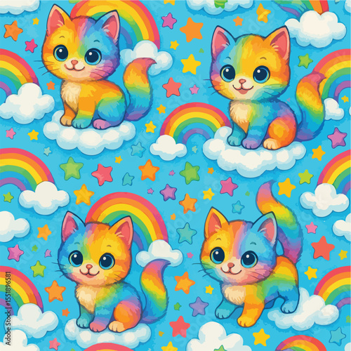Rainbow Kitten Cute Pattern Adorable Kittens on Clouds and Rainbows