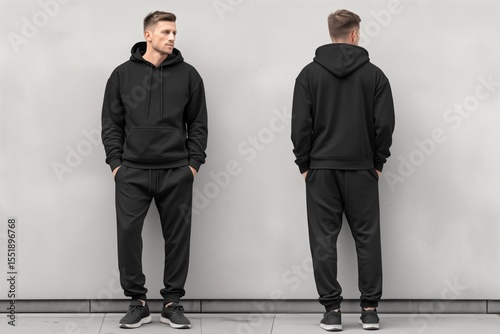 A man wearing a black hoodie and sweatpants sports suit mockup, standing in two poses against a neutral background. The outfit is casual and sporty, suitable for workouts or lounging.