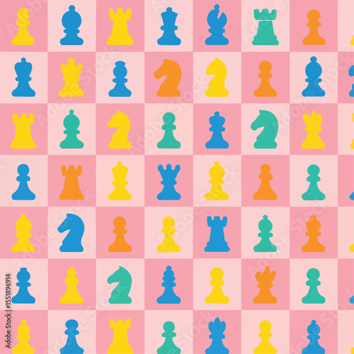 Seamless Pink Chessboard Pattern Colorful Chess Pieces Design