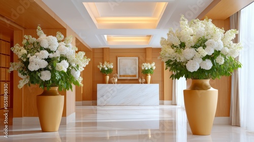 Elegant Hotel Lobby Featuring Large Floral Arrangements and Marble Reception Desk with Warm Lighting