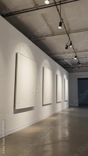 A pristine modern gallery with pure white walls, minimalist architecture, and spotlights shining on blank canvases in a tranquil, creative setting.