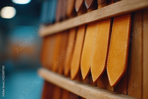 drone-style shot of workshop wall displaying rows of hanging leather shoe lasts