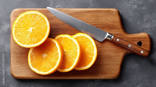 Fresh Oranges Sliced Into Rounds on Wooden Cutting Board Next to Sharp Knife in Bright Kitchen Setting