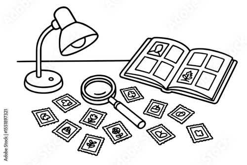 Vector Illustration of Stamp Collector Desk with Album and Magnifier