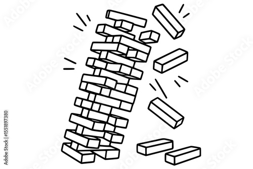 Vector Illustration of Collapsing Jenga Tower in Outline Style