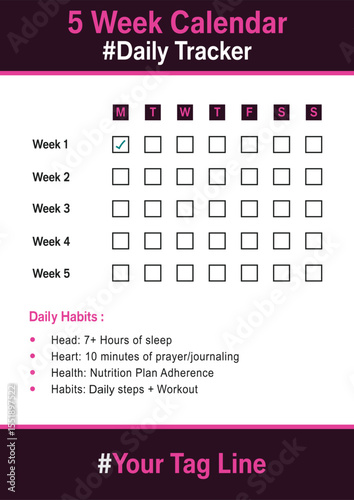 Five Week Daily Habit Tracker Calendar Goal Planner Vector Template 