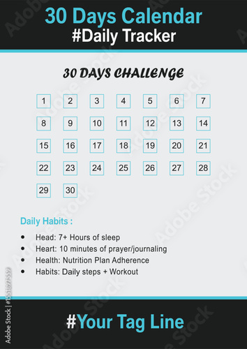 30 Day Daily Reminder Calendar Editable Vector Schedule Template