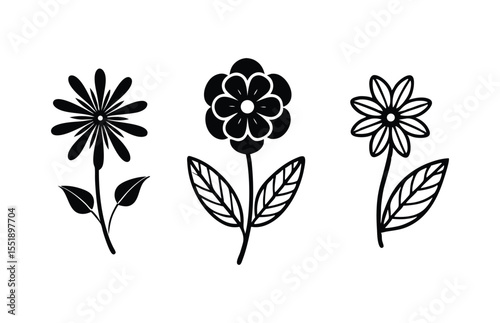 Set of black and white flowers silhouette vector illustration on white background