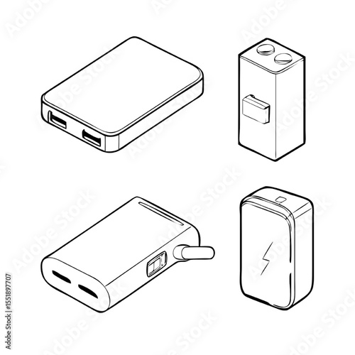Four Power Bank Icons Realistic 3D Charger Illustrations