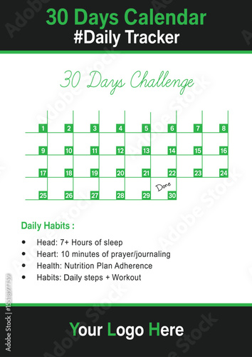 30 Day Habit Goal Calendar Template Vector Planner with Text