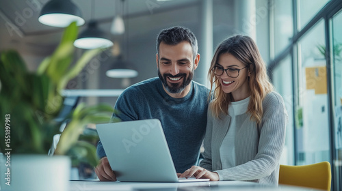 Two tech engineers discussing AI software in a modern office, smiling man and woman looking at a laptop, analyzing system, teamwork brainstorming AI project, software development, cybersecurity, moder