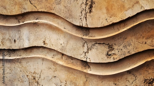 Beige stone surface exhibiting undulating lines creating a rhythmic pattern and subtle textural contrast.