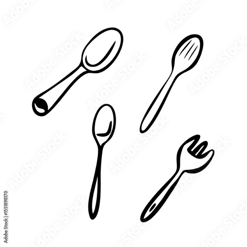 Four Spoons and Fork Icons Stainless Steel Kitchen Utensil Illustration