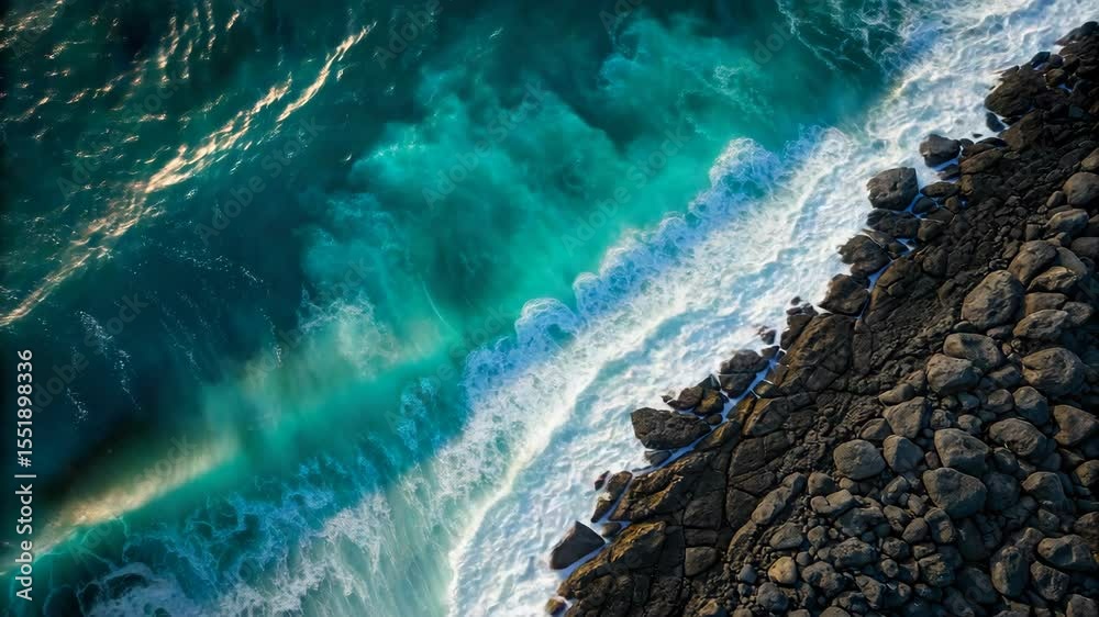 Aerial ocean wave crashing on black rocks provides a beautiful coastal scene, showing natural power and beauty of the sea meeting the rocky shore.