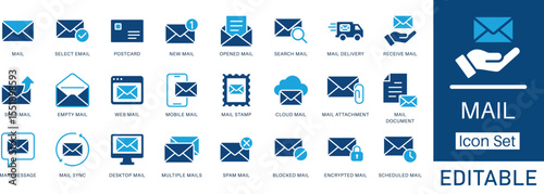 Email and Digital Communication solid icon set. Featuring Mail Attachment, Spam Mail, Encrypted Mail, and Web Mail. Flat vector design for app and website user interface and email marketing.