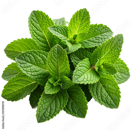 Vibrant spearmint leaves presented in a fresh, unprocessed pile botanical arrangement on transparent background
