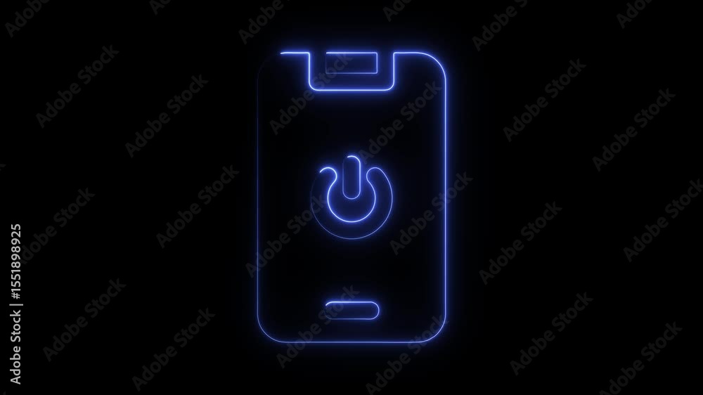 Neon illuminated smartphone power button icon on black background digital device concept