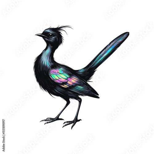Iridescent Black Bird with Long Tail - Artistic Illustration