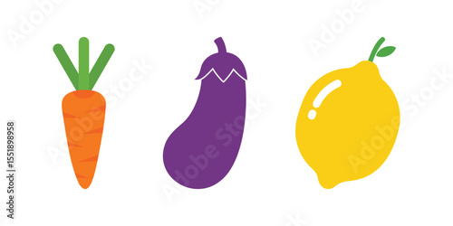 Fresh Carrot Eggplant Lemon Vector Icons for Healthy Food and Produce Designs