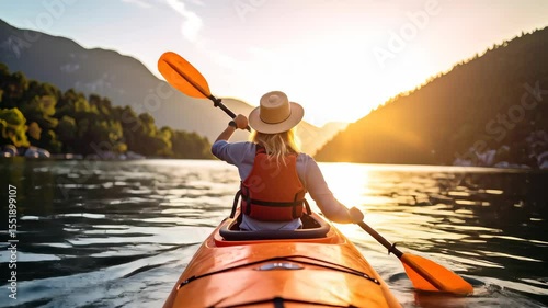 Woman kayaking on calm waters enjoys a serene sunset Mountains rise in the background Lush trees line the shoreline An orange paddle is raised during the trip