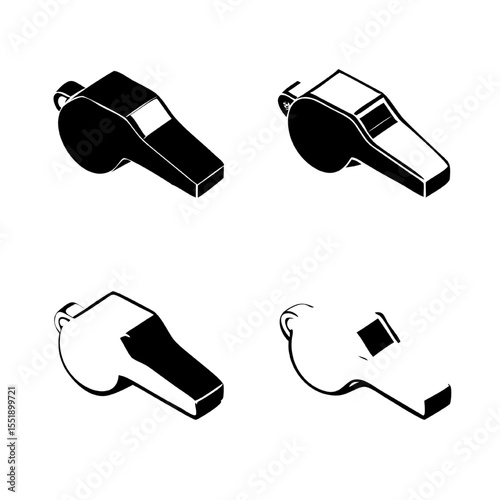 Four Whistle Icons Shiny 3D Metal Whistle Vector Illustrations