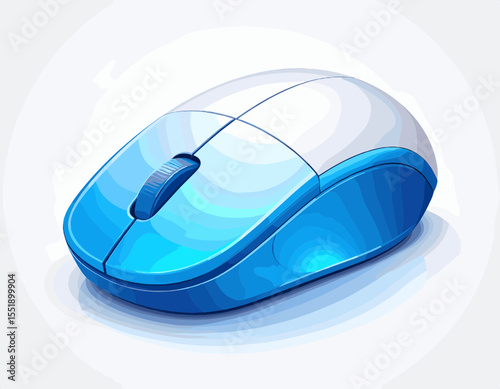 A Blue and White Wireless Computer Mouse with an Optical Sensor on a Soft Grey Background