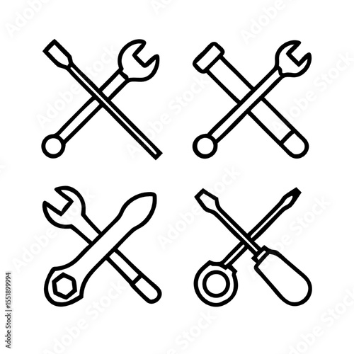 Crossed Wrench and Screwdriver Icons 3D Tools Set