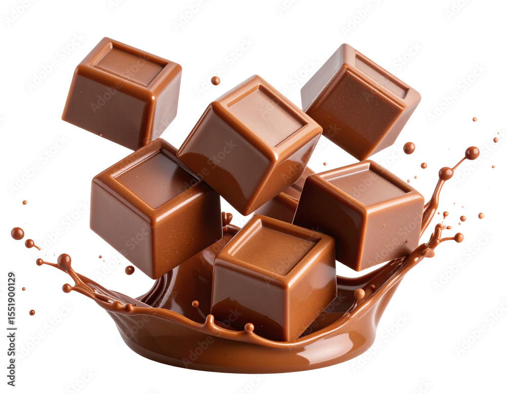 Fototapeta premium Top View of Melting Milk Chocolate Cubes with Splash Trails, Isolated on Transparent Background