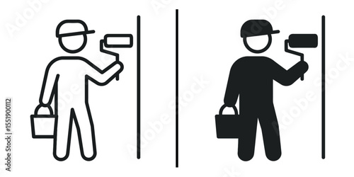 Painter's Precision: A visual representation of a painter, diligently at work. Displaying the silhouette of professional person painting the wall using roller, bucket, brush and paint.