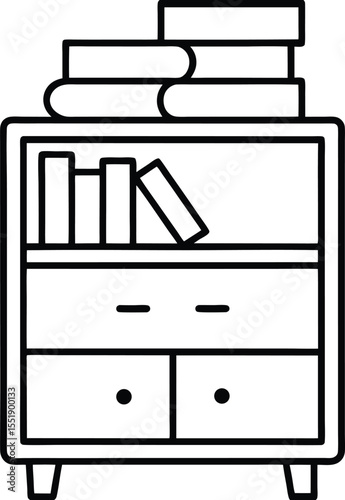 Wooden Cabinet with Stacked Books.