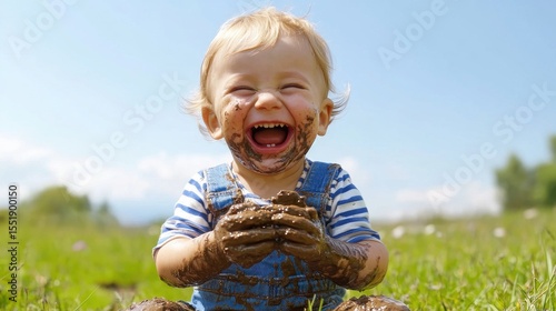 Fototapeta Naklejka Na Ścianę i Meble -  Happy Toddler Playing with Mud on a Sunny Day in the Park