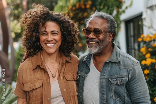 Portrait of a satisfied mixed race couple in their 70s walking together