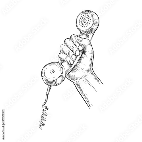 hand holding old telephone receiver vector line art hand drawn illustration