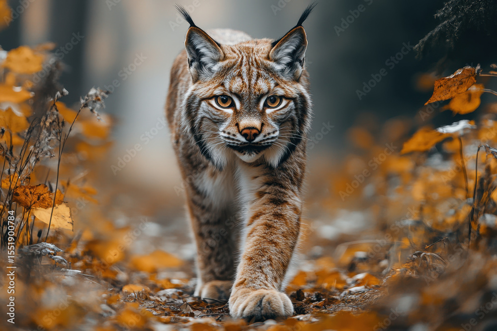 Fototapeta premium Lynx walking through yellow leaf forest.