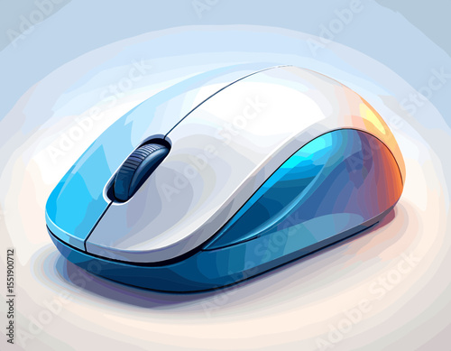 Blue and White Wireless Computer Mouse on a White Surface with Detailed Scrolling Wheel for Navigation