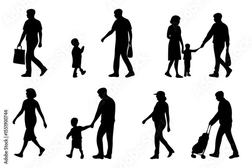 Silhouette of People Walking: Collection of silhouette figures depicting people walking, portraying family, parenthood and traveler with their luggages