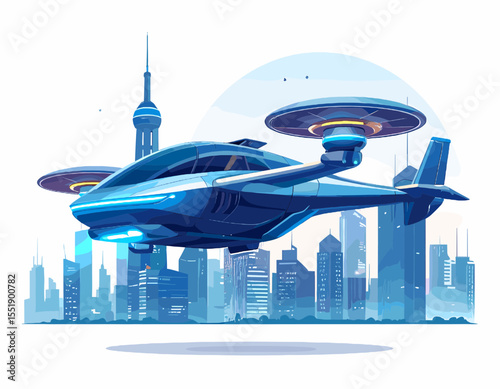 Blue Futuristic Pixel Art Flying Vehicle over Modern City Skyline with Tall Buildings and Towers in Urban Landscape