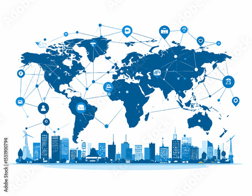 Blue Global Network with City Skyline and World Map on White Background Representing International Business Connections