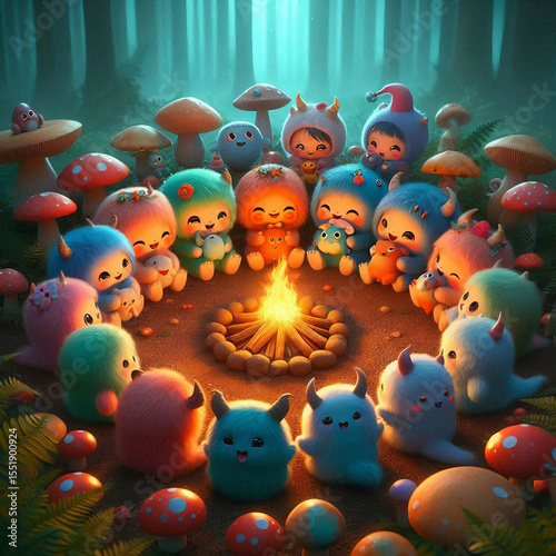Cute tiny baby monsters cuddled in a circle around a warm fire