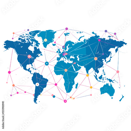 Blue World Map with Global Network Connections Illustrating International Business and Digital Communication on White Background