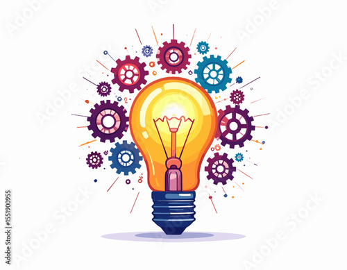 Bright Yellow Lightbulb Surrounded by Gears and Lines Represents Innovation and Conceptual Thinking on White Background
