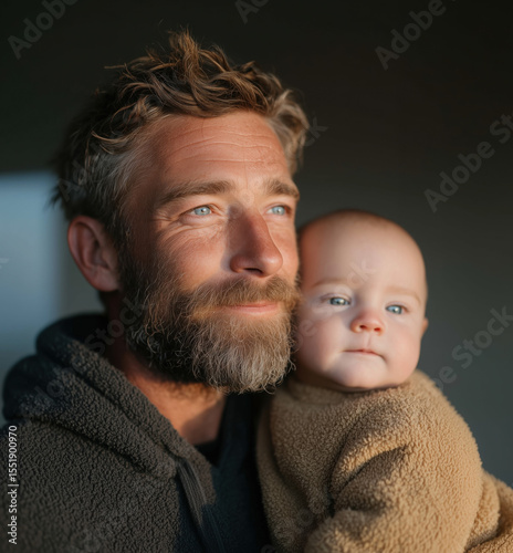 Father holding baby at home during golden hour.