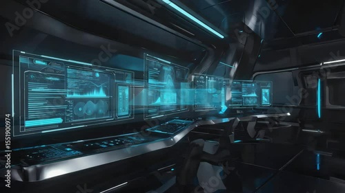 An advanced tech room glowing with neon-blue panels, flickering holographic displays, and a high-tech interface inside a dim, cinematic futuristic environment.