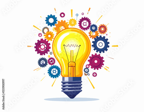 Bright Lightbulb with Gears and Pixelated Texture on a White Background Represents Innovation Solution Concept