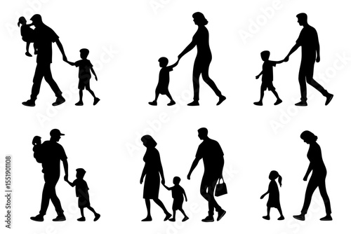 Family Silhouette Collection: A collection of stylized silhouettes depicting various family scenarios. Each image captures the essence of family life.
