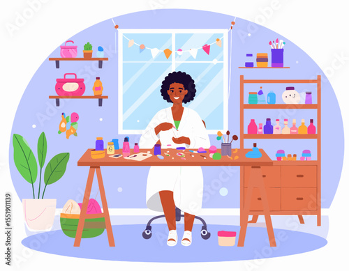Cheerful African American Woman in White Coat Crafting at Wooden Desk with Colorful Decorations in Bright Room