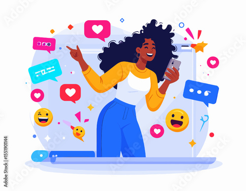 Cheerful Black Woman Using Social Media Application with Heart and Speech Bubble Icons in a Modern Flat Design on White Background