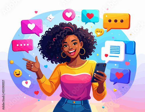 Cheerful African American Woman with Curly Hair Holding Smartphone Surrounded by Colorful Social Media Icons and Speech Bubbles in Vibrant Pop Art Style